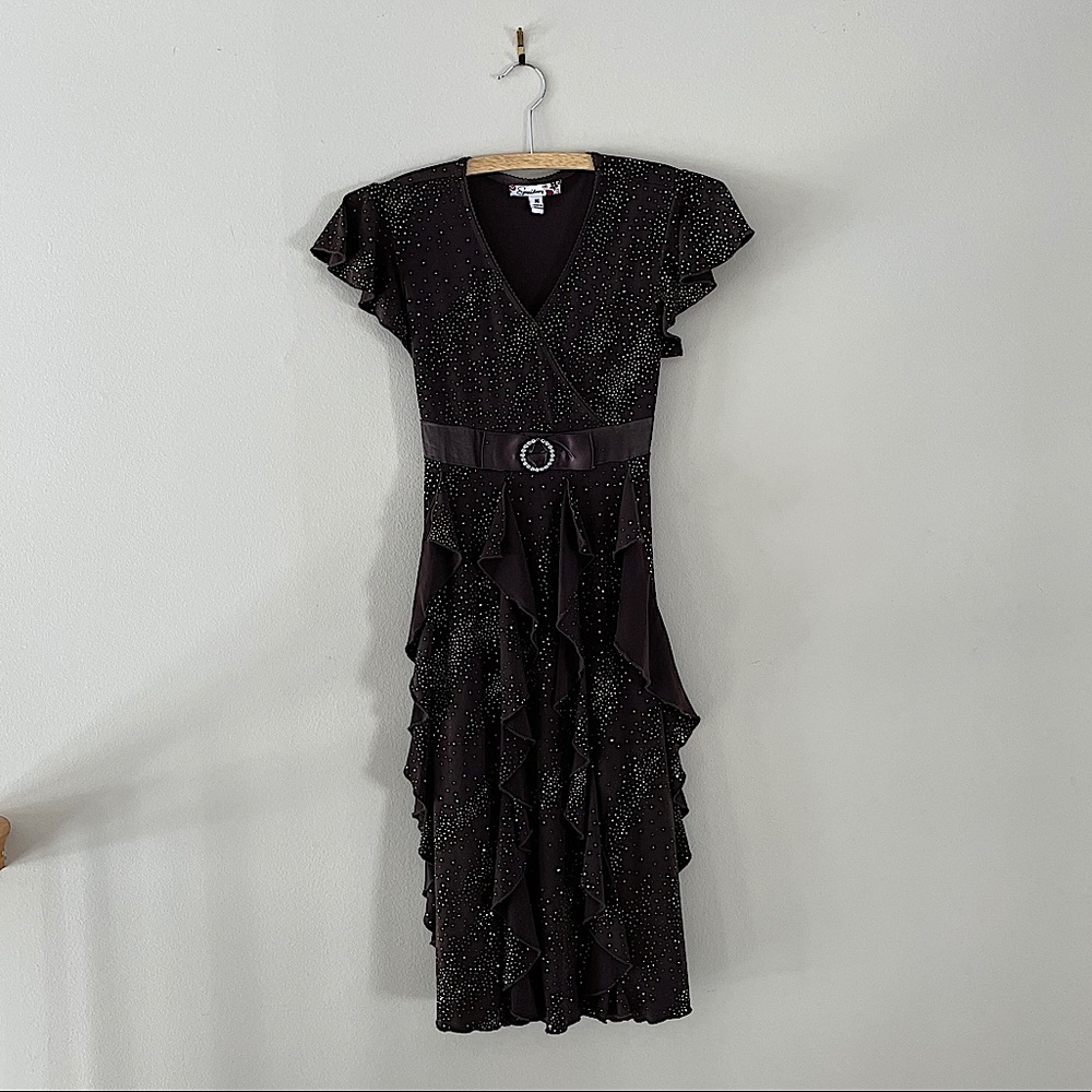 Girls Brown and Gold Sparkly Short Sleeve Surplice Neckline Formal Dress